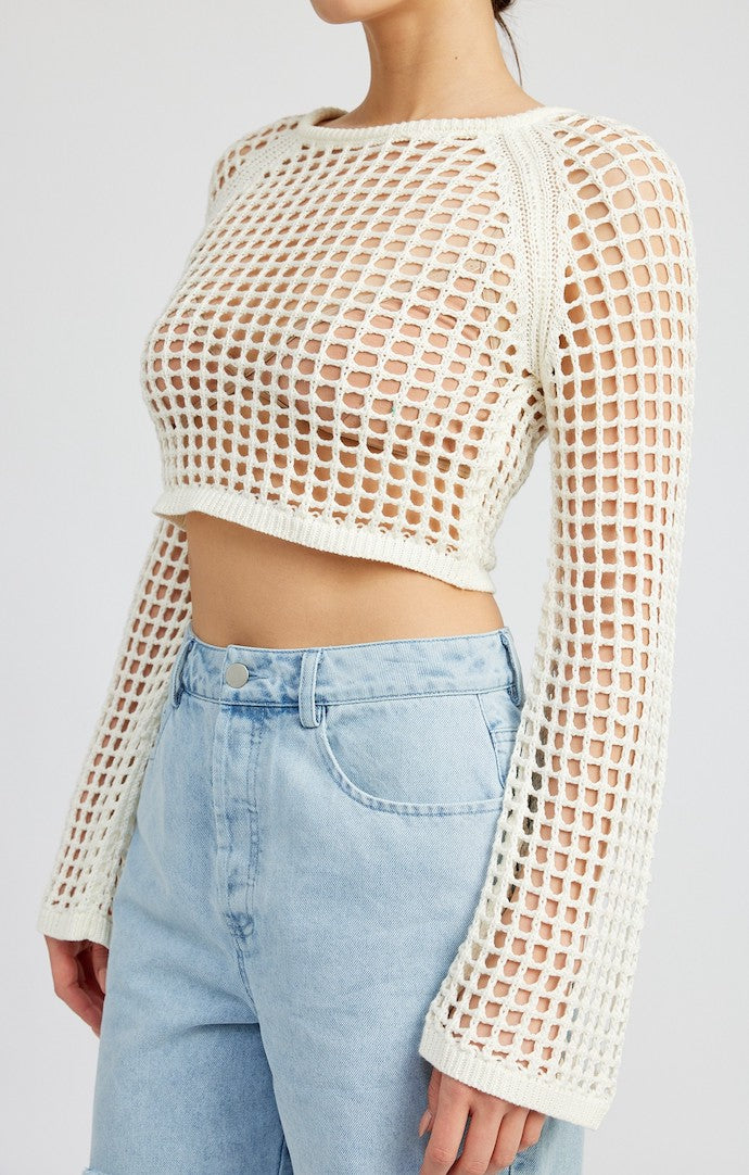 Emory Park Off White Open Knit Crop Long Sleeve Top