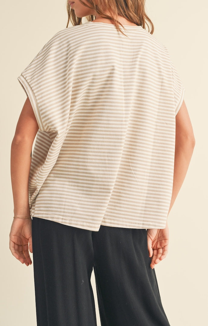 Miou Muse Beige Striped Short Sleeve Oversized Tee