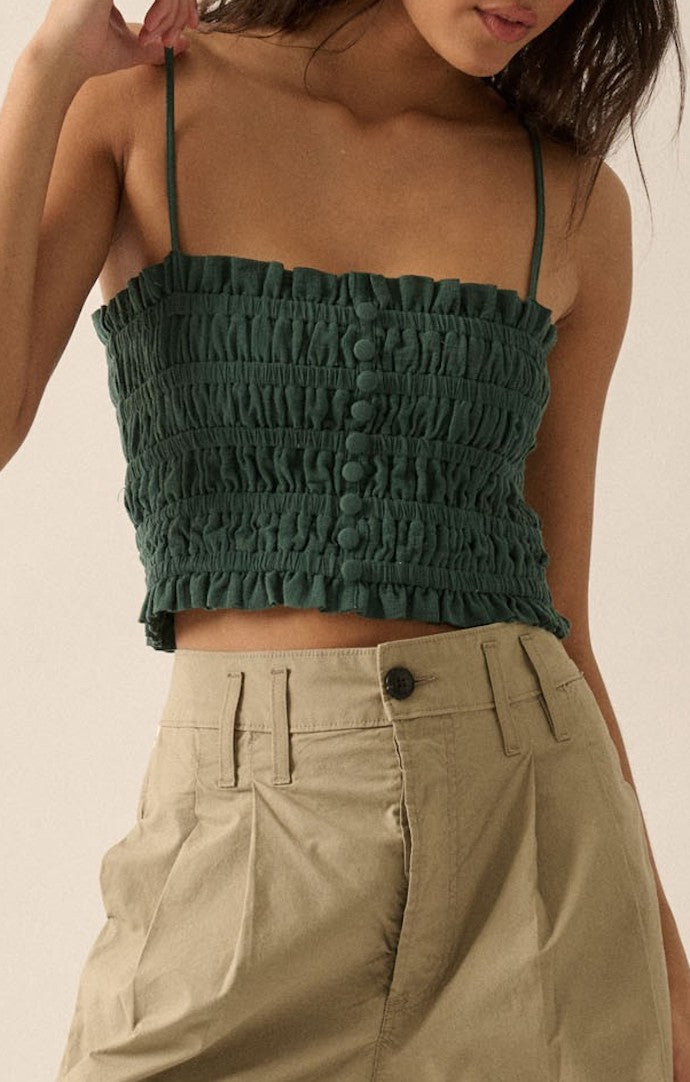 Promesa Pine Green Sleeveless Smocked Button Front Crop Top