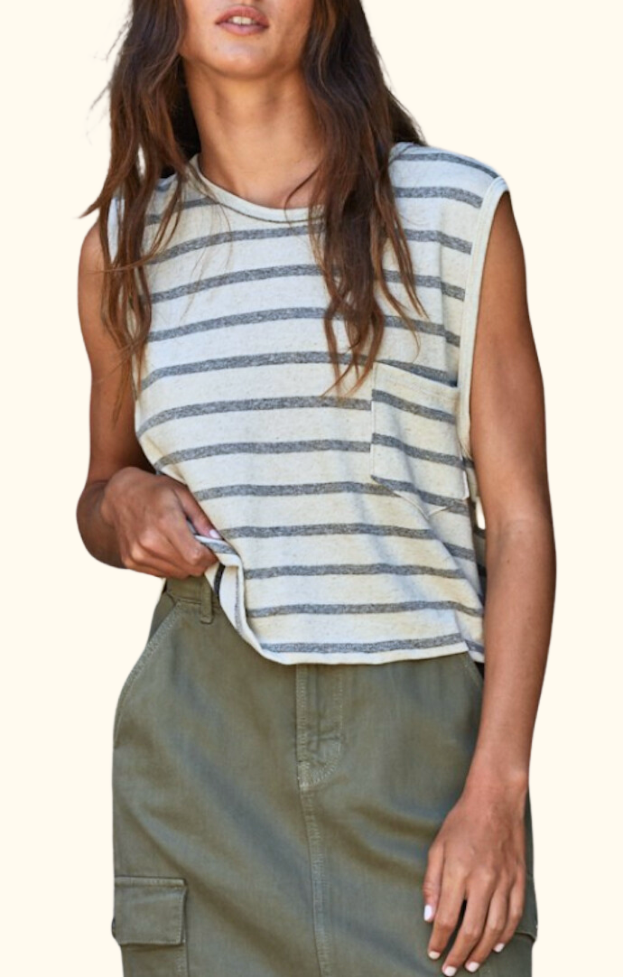 By Together Linen Black Round Neck Striped Muscle Tank Top