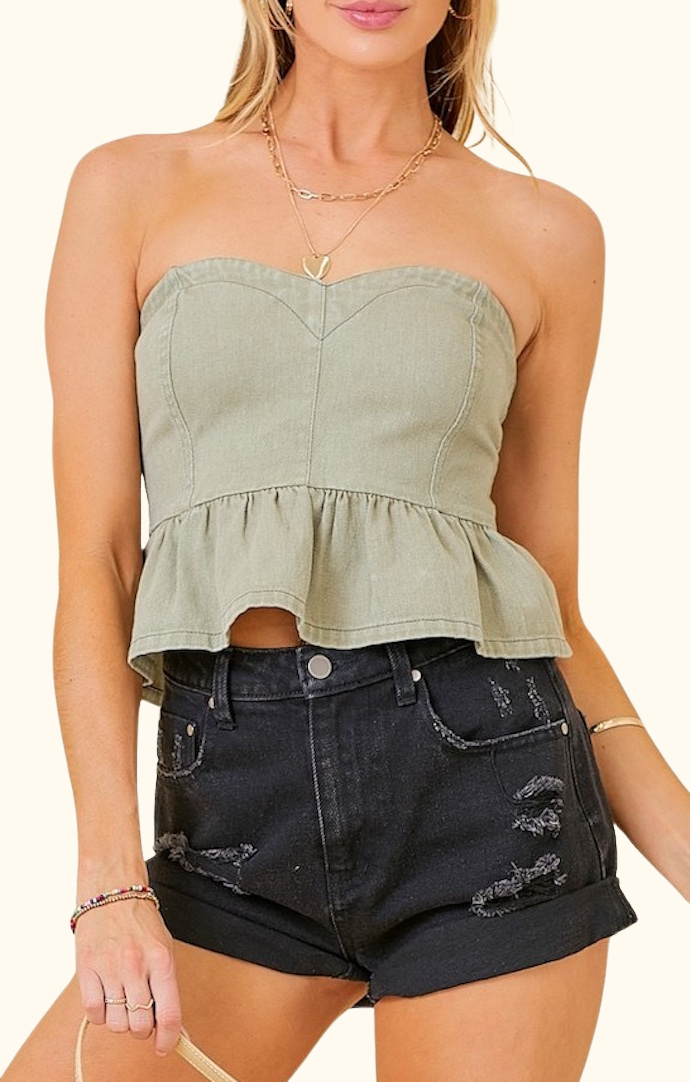 Day + Moon Washed Olive Denim Ruffle Denim Cropped Top