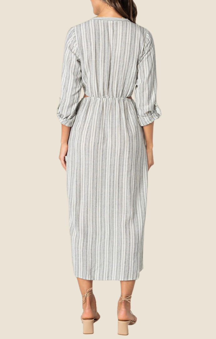 Lovestitch Striped Black And White Linen Cut Out Roll Sleeves Midi Dress