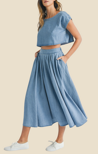 Mable Medium Denim Crop Top and Midi Skirt Set