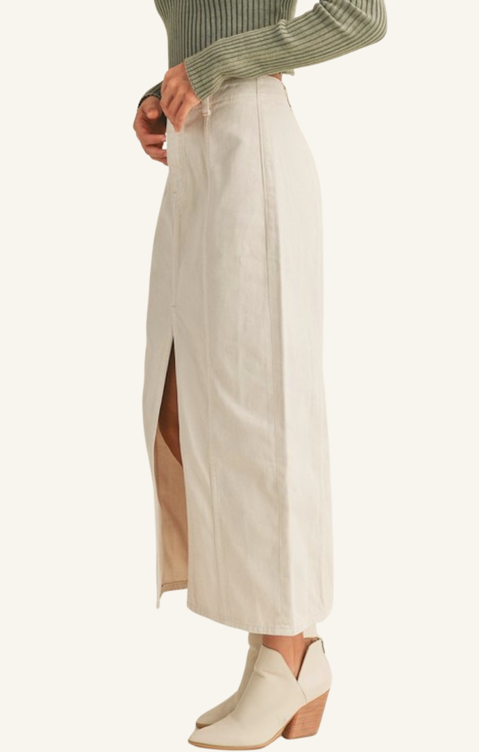 Miou Muse Beige Denim High Slit Washed Long Skirt