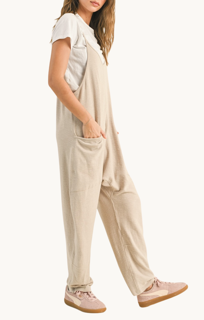 Miou Muse Beige Textured Sleeveless Loose Fit Jumpsuit