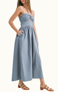 Miou Muse Blue Linen Knotted Halter Neck Sleeveless Midi Dress