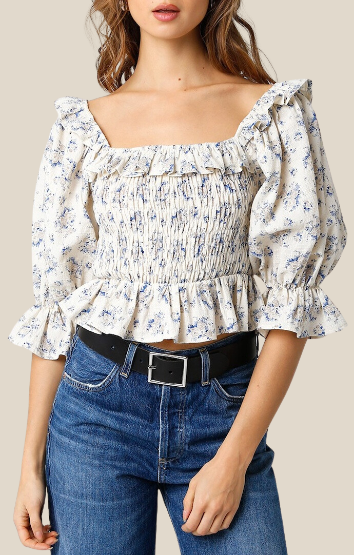 Olivaceous Taupe Blue Floral Long Sleeve Crop Top