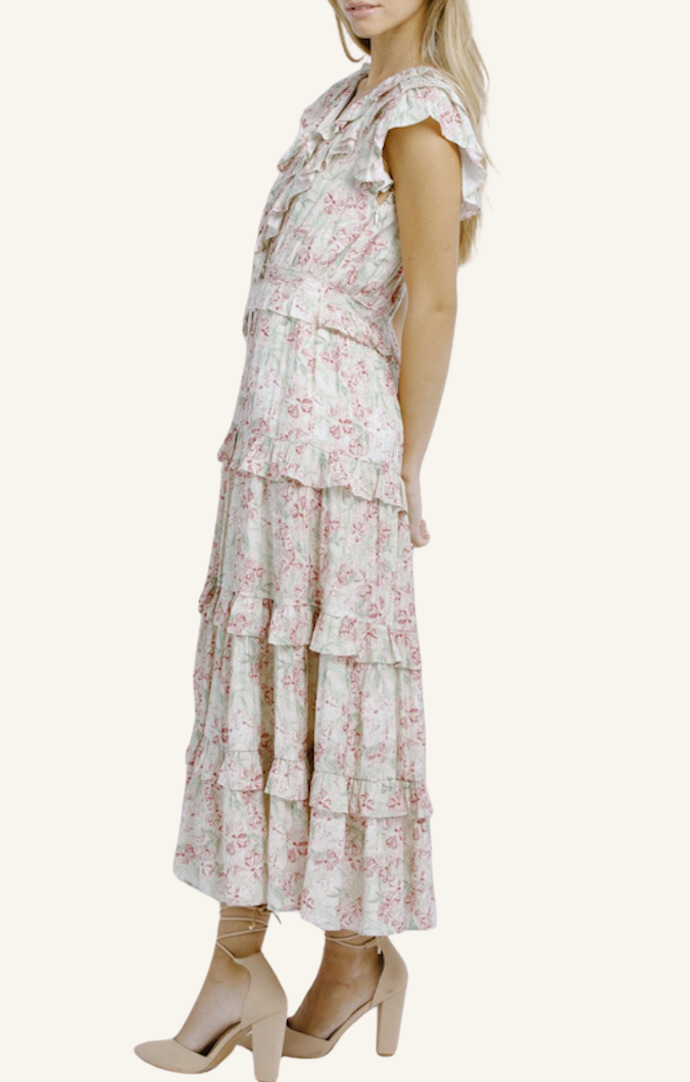 Storia Ivory Red And Green Floral Ruffled Midi Dress