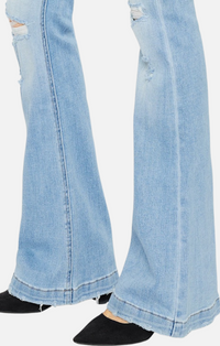 Kancan Medium Denim Mid Rise Button Up Distressed Flare Jeans