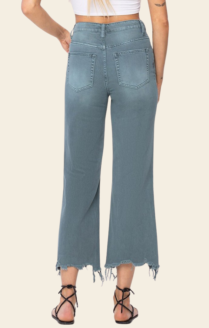Vervet Mallard Green Distressed Crop Flare Jeans