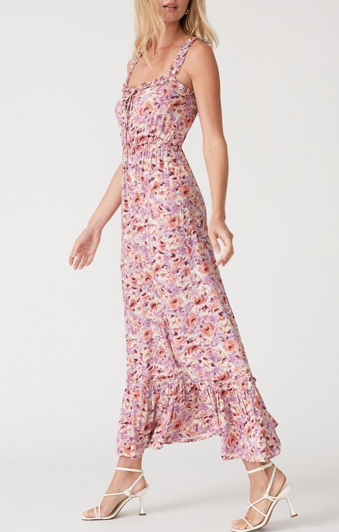 Lovestitch Dusty Purple And Taupe Floral Ruffle Tie Front Maxi Dress