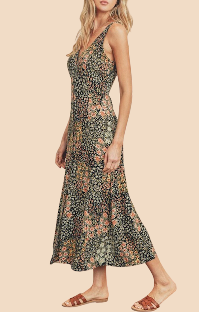 Dress Forum Midnight Print V-Neck Button Down Midi Dress