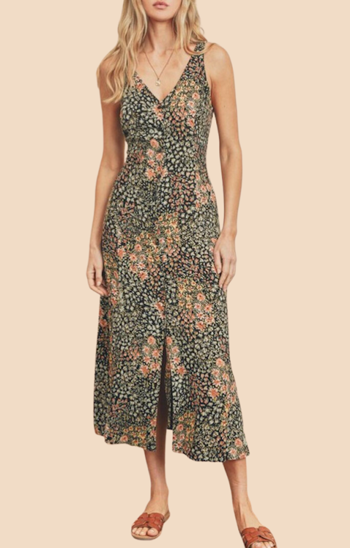 Dress Forum Midnight Print V-Neck Button Down Midi Dress