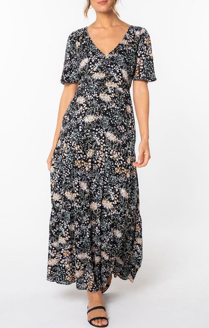 Lovestitch Black Floral Print Short Flutter Sleeve Maxi Dress