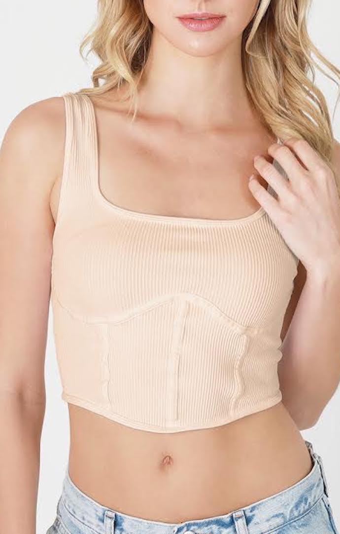 Nikibiki Pearled Ivory Ribbed Square Neck Top