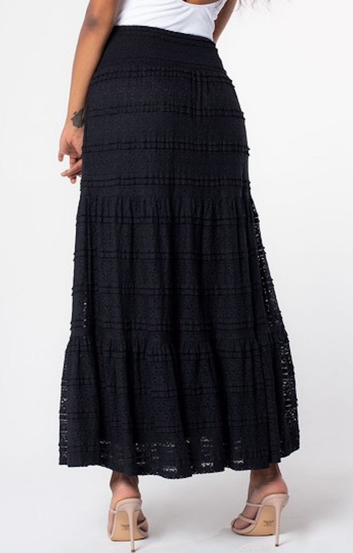 Lovestitch Black Smocked Tiered Lace Maxi Skirt