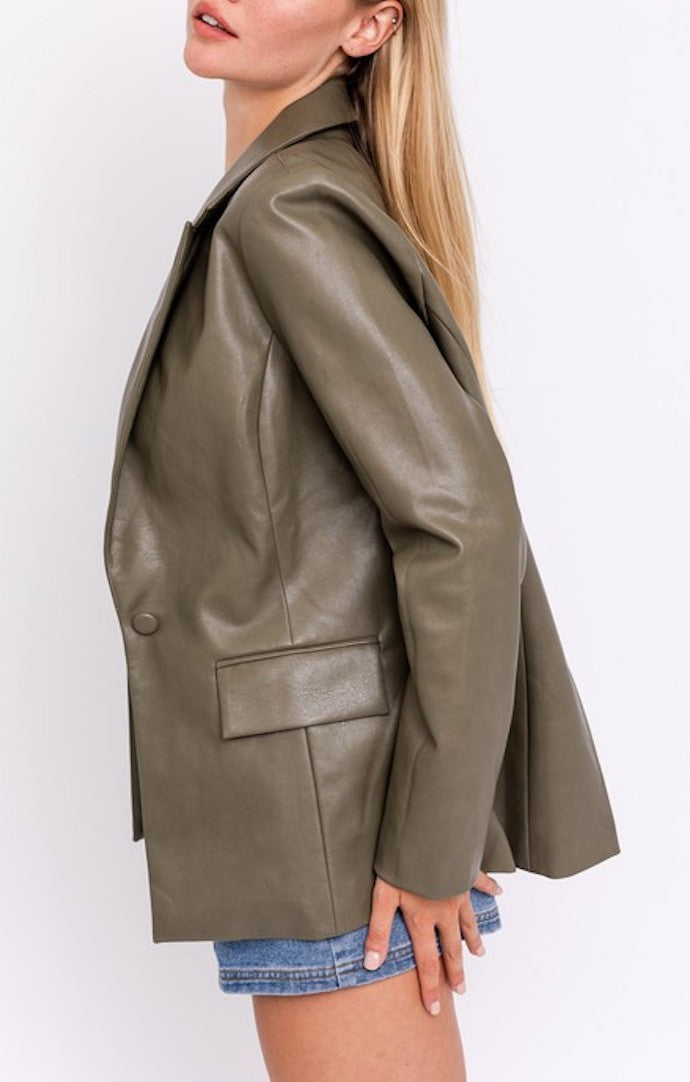 Le Lis Olive Vegan Leather Blazer