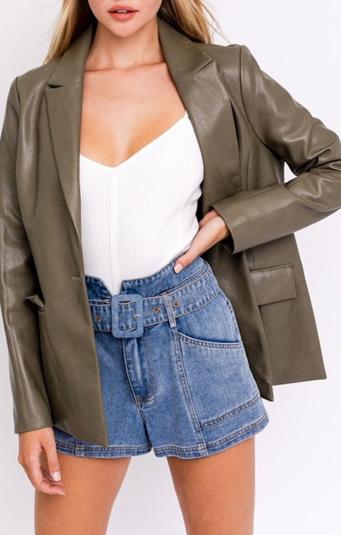 Le Lis Olive Vegan Leather Blazer