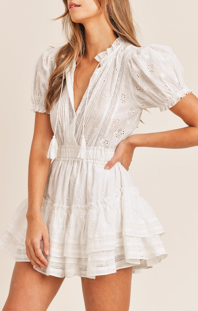 Mable Off White Eyelet Lace Ruffled Tiered Mini Dress