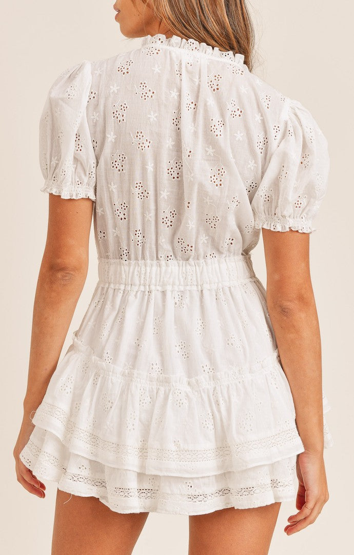 Mable Off White Eyelet Lace Ruffled Tiered Mini Dress