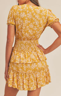 Mable Mustard Floral Ruffle Short Sleeve Front Cutout Mini Dress