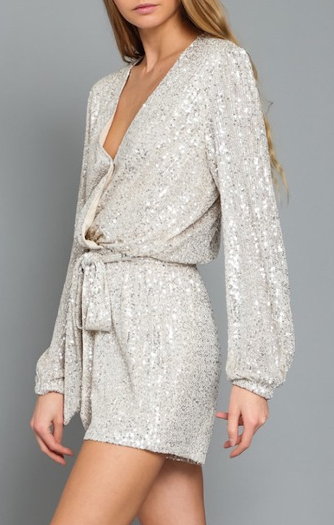 Aakaa Silver/Nude Sequin Long Sleeve Romper