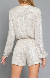 Aakaa Silver/Nude Sequin Long Sleeve Romper