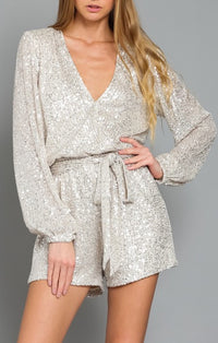 Aakaa Silver/Nude Sequin Long Sleeve Romper