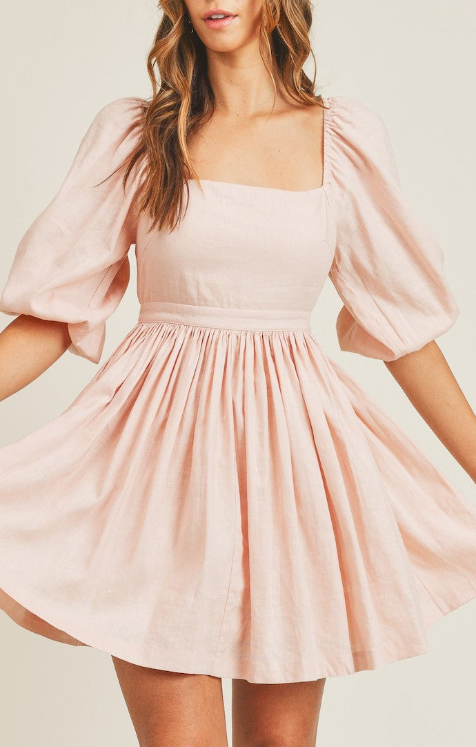 Mable Pink Linen Flare Mini Dress