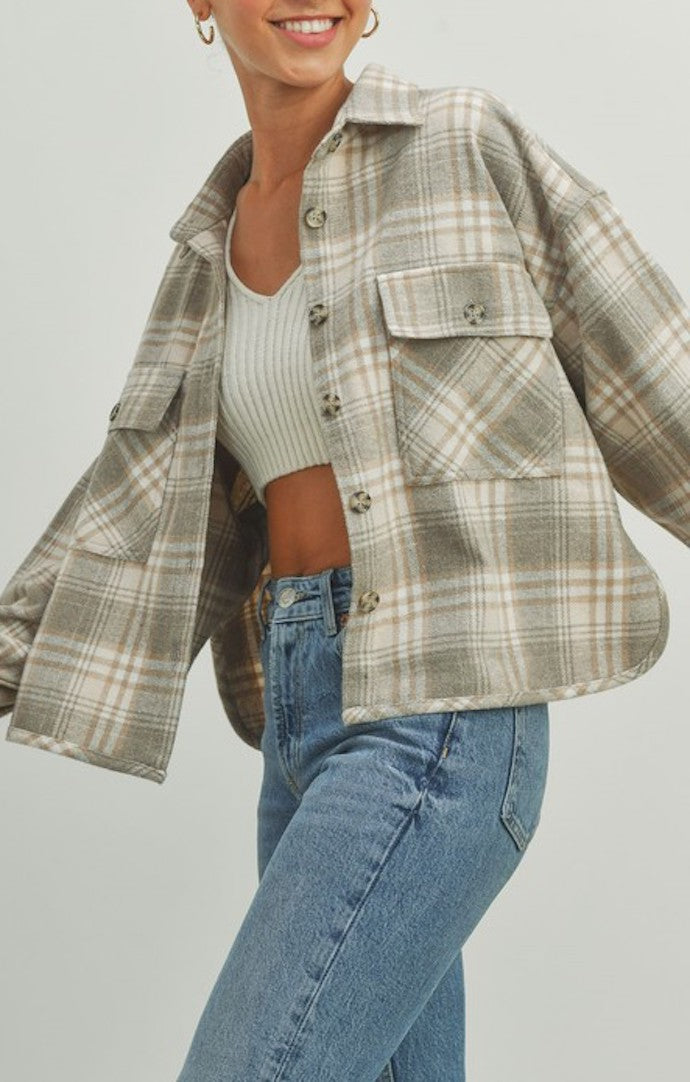 Buttermelon Grey Plaid Cropped Shacket 