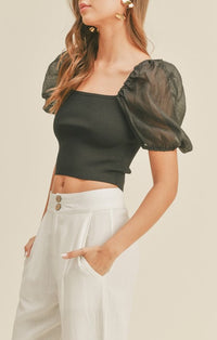 Miou Muse Black Puff Sleeve Crop Top