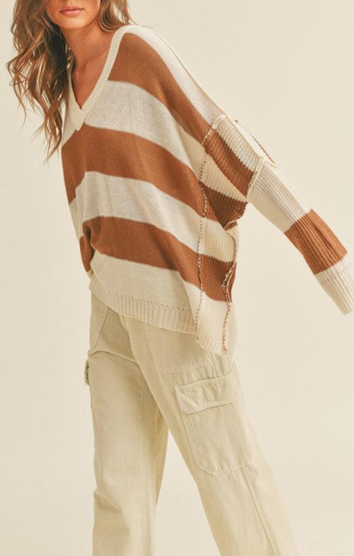 Miou Muse Coffee And White Wide Band Sweater