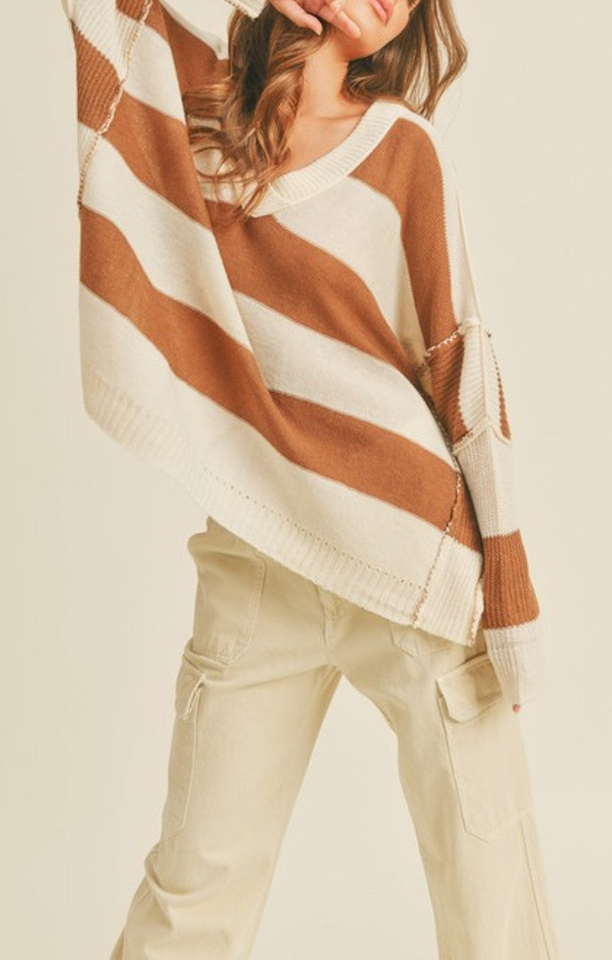 Miou Muse Coffee And White Wide Band Sweater