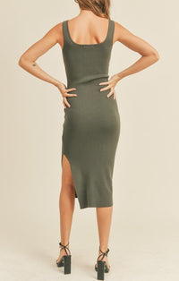 Miou Muse Nahlei Olive Square Neck Slit Dress