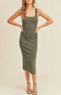 Miou Muse Nahlei Olive Square Neck Slit Dress
