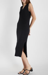 Mod Ref Black Ribbed V-Neck Midi Dress