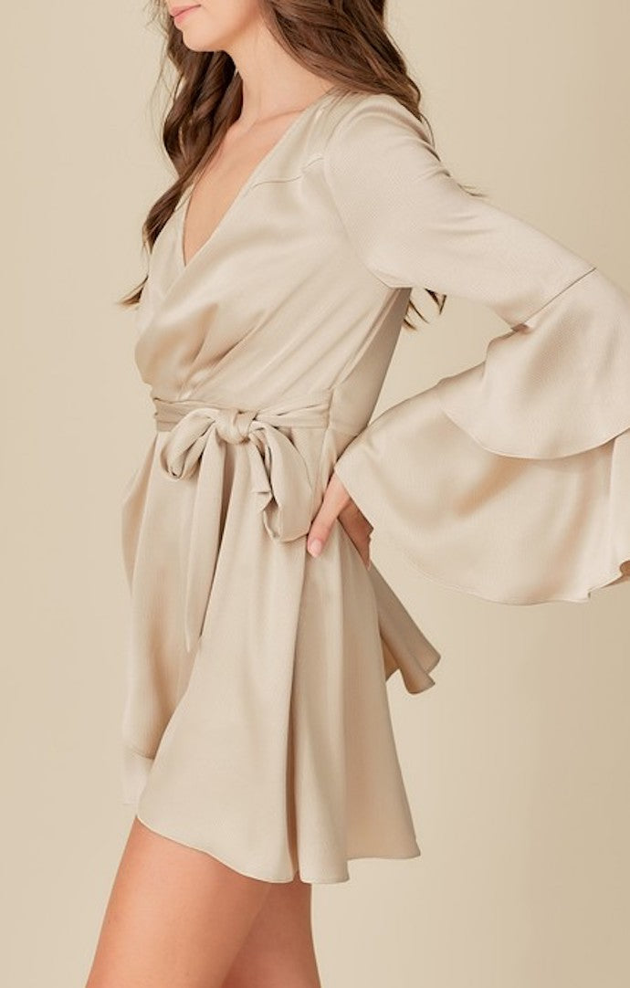 Mustard Seed Beige Tiered Ruffle Satin Dress