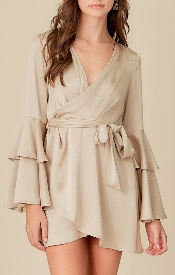 Mustard Seed Beige Tiered Ruffle Satin Dress