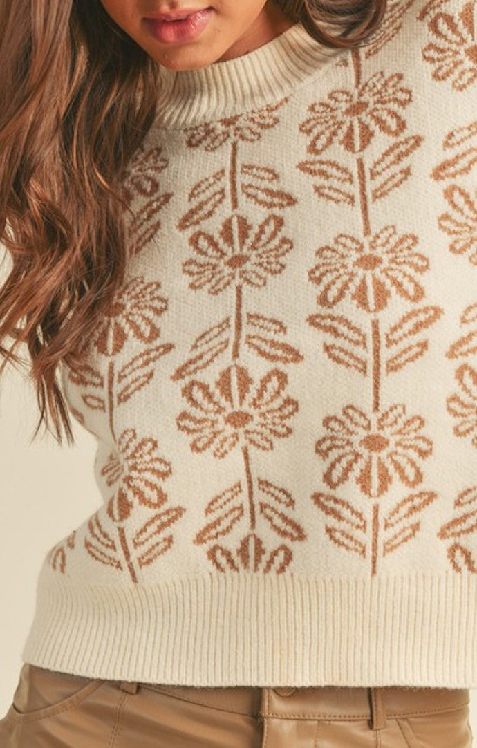 &Merci Beige/Taupe Floral Pattern Pullover Sweater