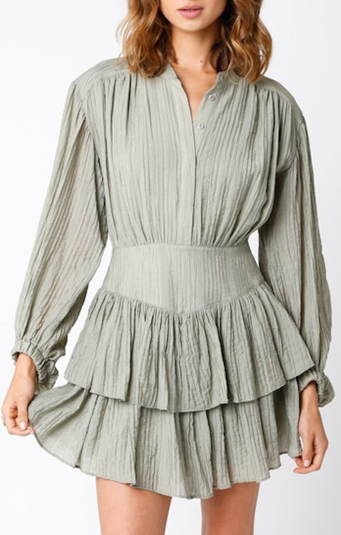 Olivaceous Olive Long Sleeve Tiered Ruffle Mini Dress