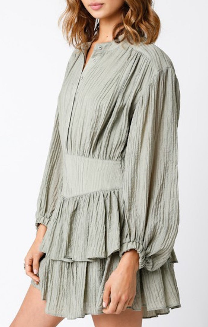 Olivaceous Olive Long Sleeve Tiered Ruffle Mini Dress
