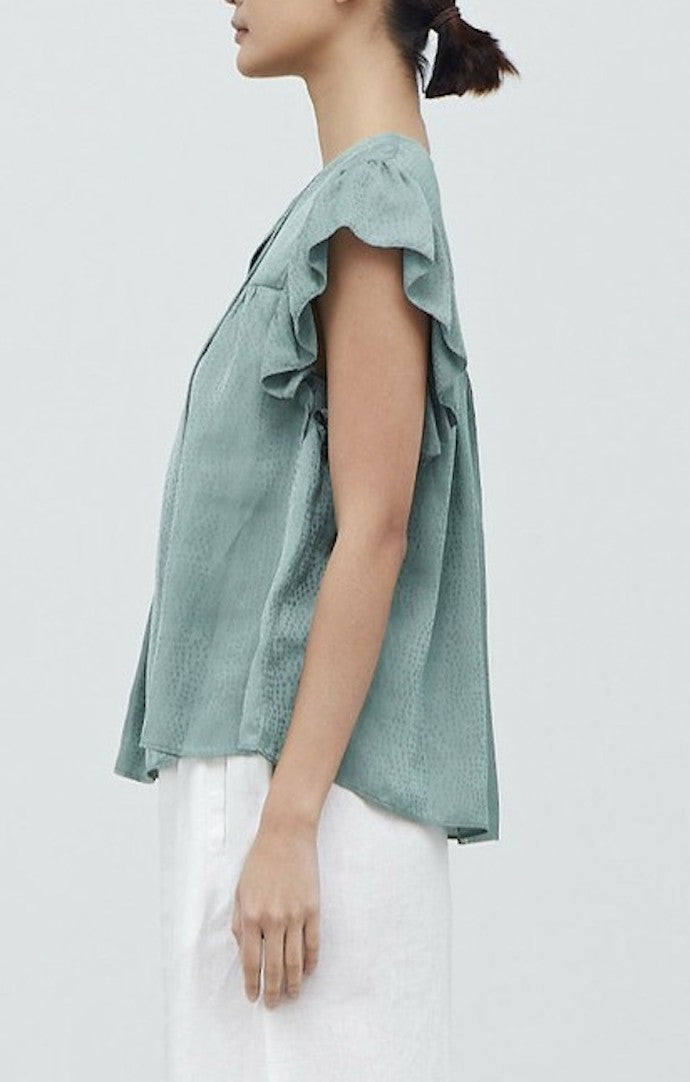 Grade & Gather Dusty Sage Ruffle Satin Blouse