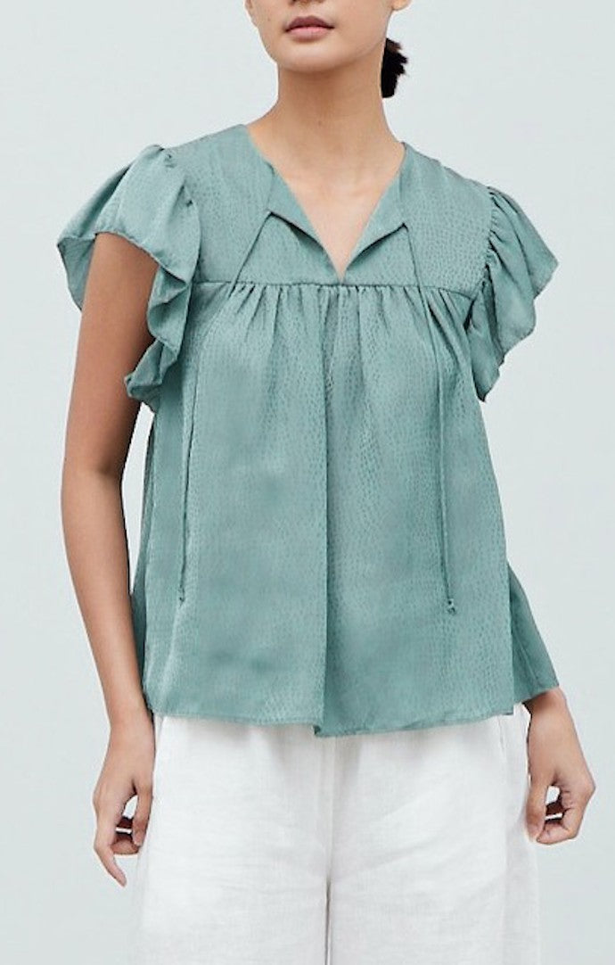 Grade & Gather Dusty Sage Ruffle Satin Blouse