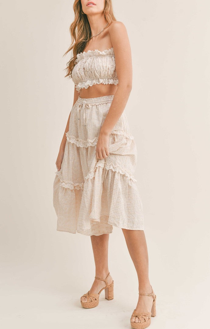 Mable Taupe Lace Eyelet Crochet Tube Top And Midi Skirt Set