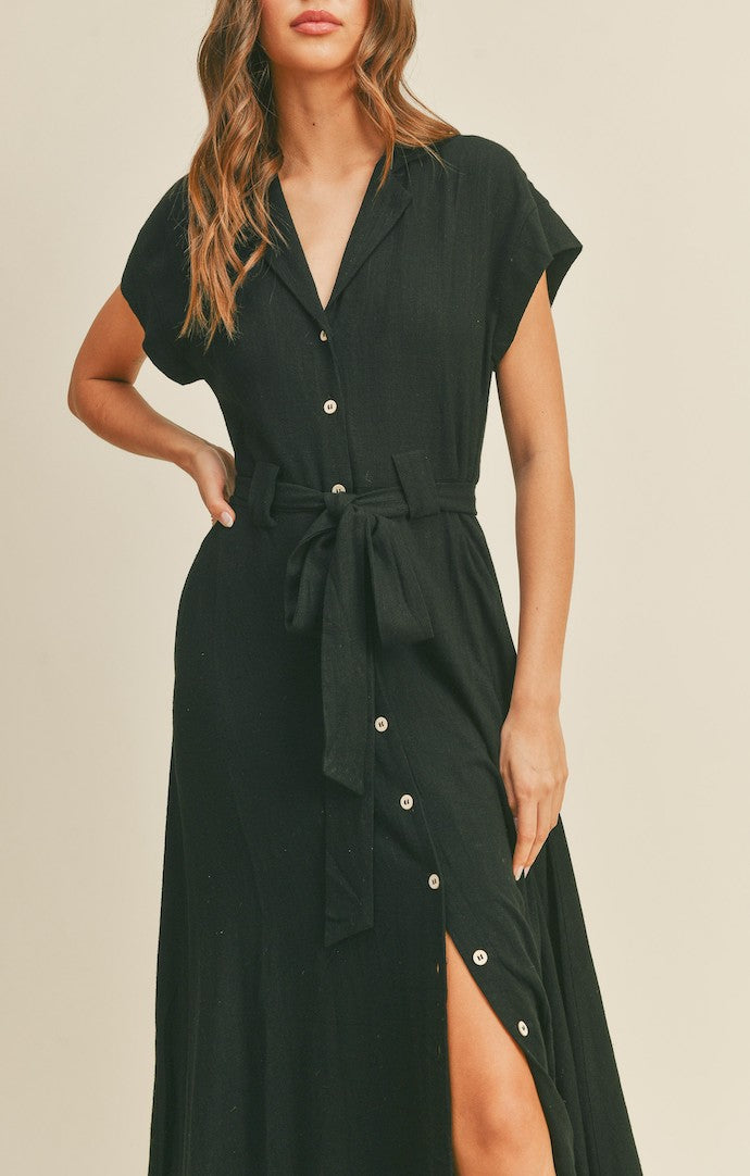 Miou Muse Black Linen Button Down Shirt Midi Dress