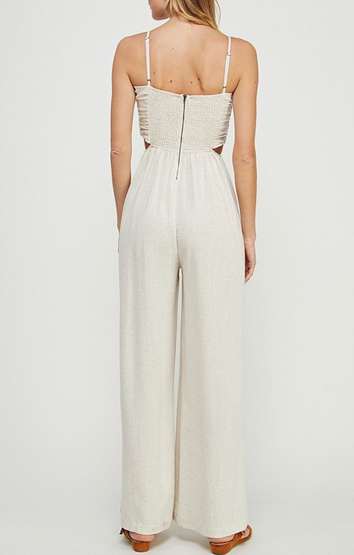 Allie Rose Natural Spaghetti Strap Linen Jumpsuit