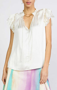 Current Air Cream Lace Ruffle Flutter Sleeve Blouse