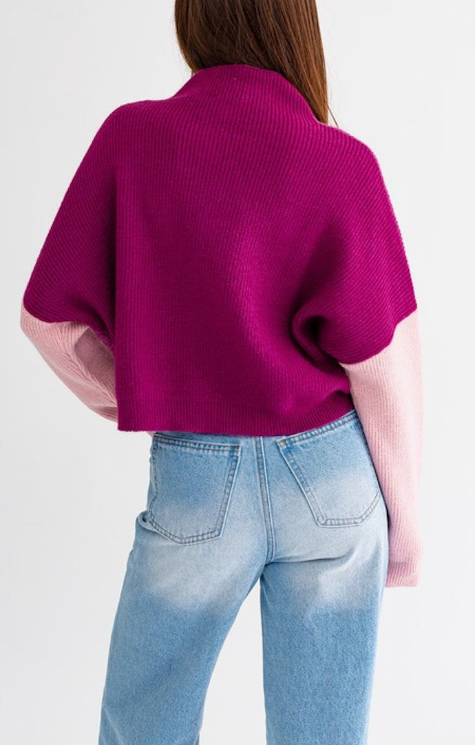 Le Lis Magenta Color Block Oversized Sweater