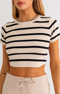 Le Lis Cream And Black Stripe Cropped Knit Top
