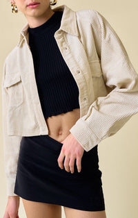 Blue Blush Cream Corduroy Snap Cropped Utility Jacket
